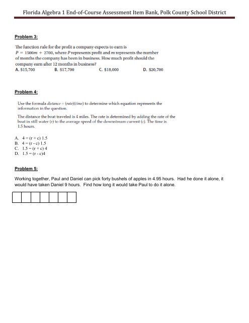 Florida Algebra 1 End-of-Course Assessment Item Bank, Polk ...