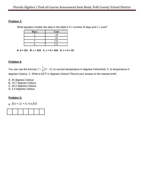 Florida Algebra 1 End-of-Course Assessment Item Bank, Polk ...