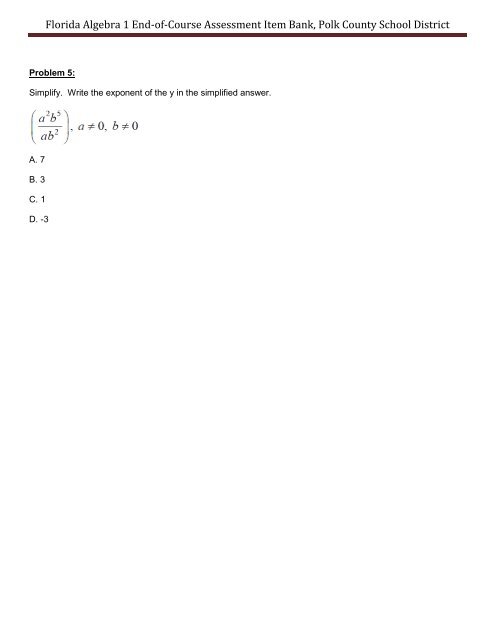 Florida Algebra 1 End-of-Course Assessment Item Bank, Polk ...