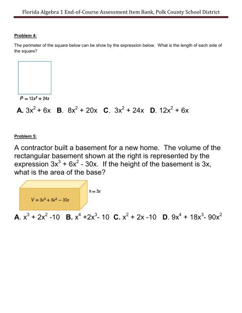 Florida Algebra 1 End-of-Course Assessment Item Bank, Polk ...