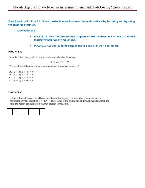 Florida Algebra 1 End-of-Course Assessment Item Bank, Polk ...