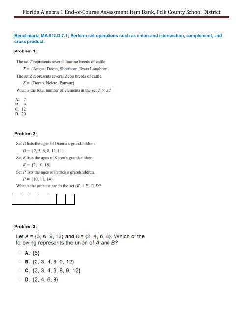 Florida Algebra 1 End-of-Course Assessment Item Bank, Polk ...