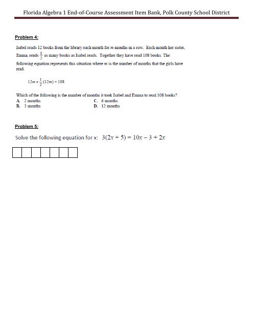 Florida Algebra 1 End-of-Course Assessment Item Bank, Polk ...