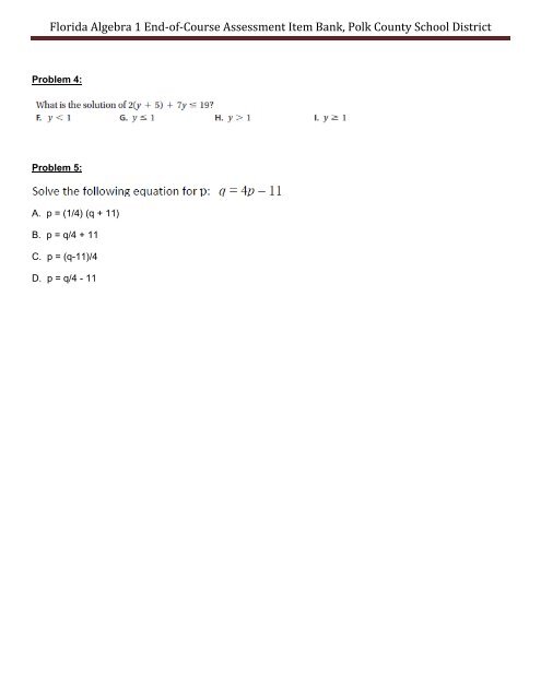 Florida Algebra 1 End-of-Course Assessment Item Bank, Polk ...