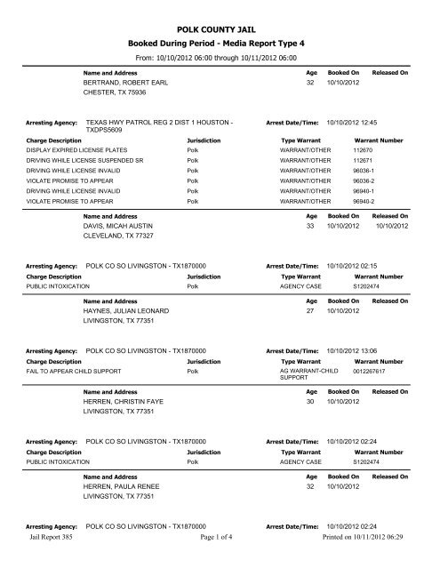 POLK COUNTY JAIL Booked During Period - Media Report Type 4