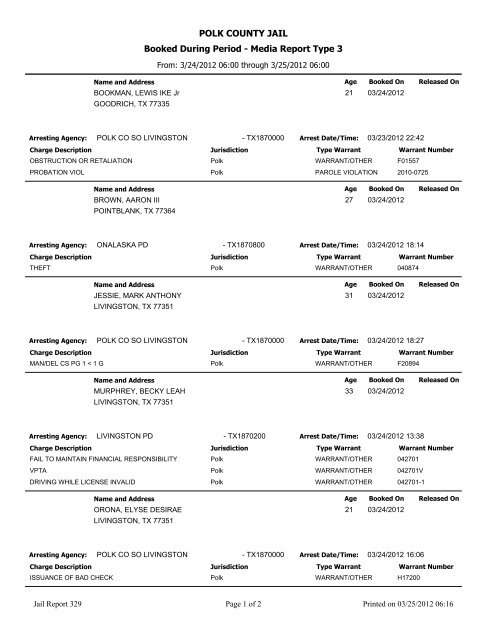 POLK COUNTY JAIL Booked During Period - Media Report Type 3