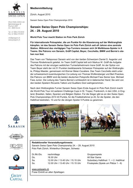 Sarasin Swiss Open Polo Championships: 24. - 29. August 2010