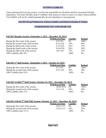 Fall 2013 Drop/Withdrawal, Tuition Liability and Refund Schedule