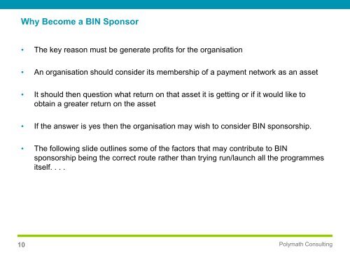 Becoming a BIN Sponsor - Polymath Consultancy