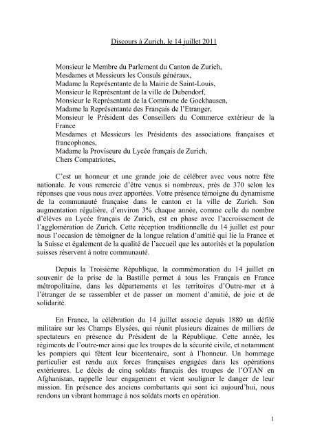 Texte du discours. - Consulat général de France à Zurich