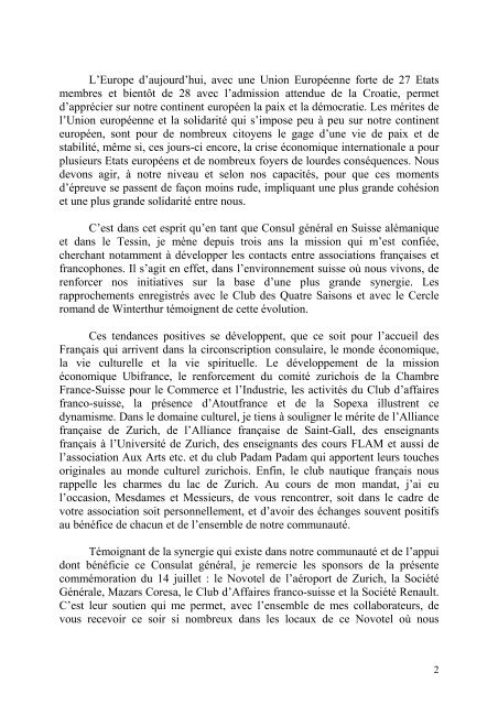 Texte du discours. - Consulat général de France à Zurich