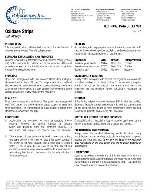 Data Sheet #984: Oxidase Strips - Polysciences, Inc.