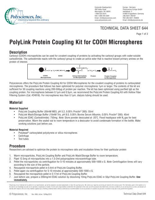 Polylink PolyLink Protein Coupling Kit for COOH ... - Polysciences, Inc.