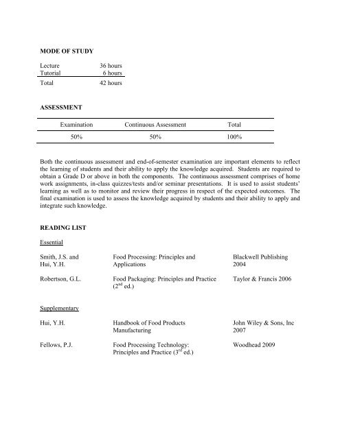 TITLE : FOOD PROCESSING II DEPT/CODE : ABCT4013 CREDIT ...