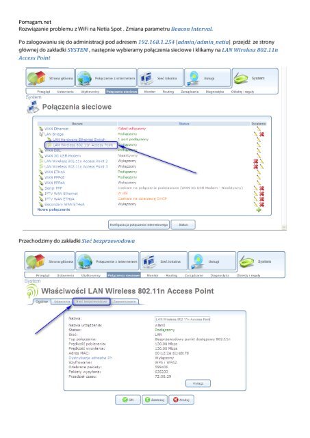 Pomagam.net Beacon Interval. 192.168.1.254 admin/admin_netia ...