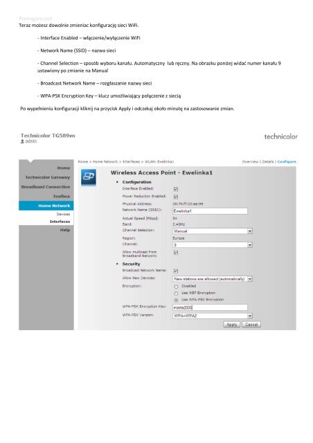 Pomagam.net Konfiguracja sieci WiFi Technicolor TG589vn.
