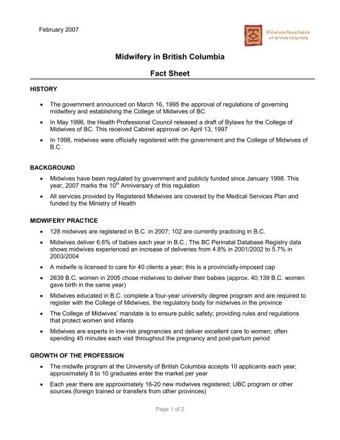BC Midwifery Fact Sheet - Pomegranate Community Midwives