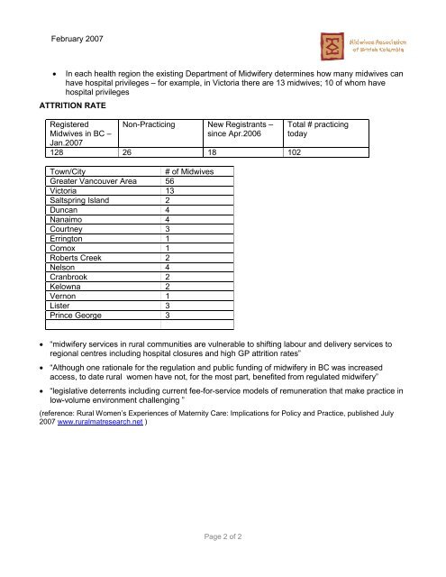 BC Midwifery Fact Sheet - Pomegranate Community Midwives