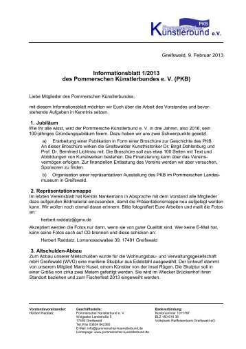 Informationsblatt 1/2013 des PKB e. V. - Pommerscher KÃ¼nstlerbund