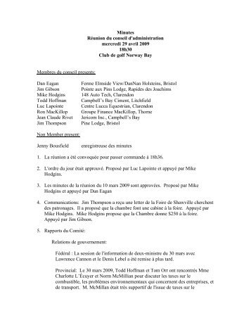 Minutes RÃ©union du conseil d'administration mercredi 29 avril 2009 ...