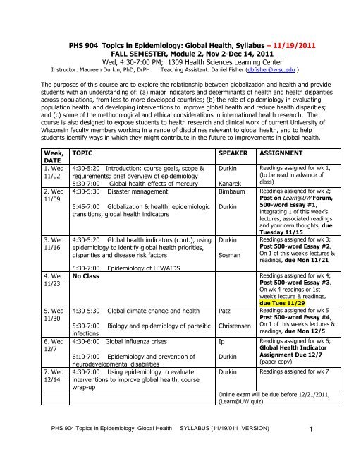 PHS 904 Topics in Epidemiology: Global Health, Syllabus