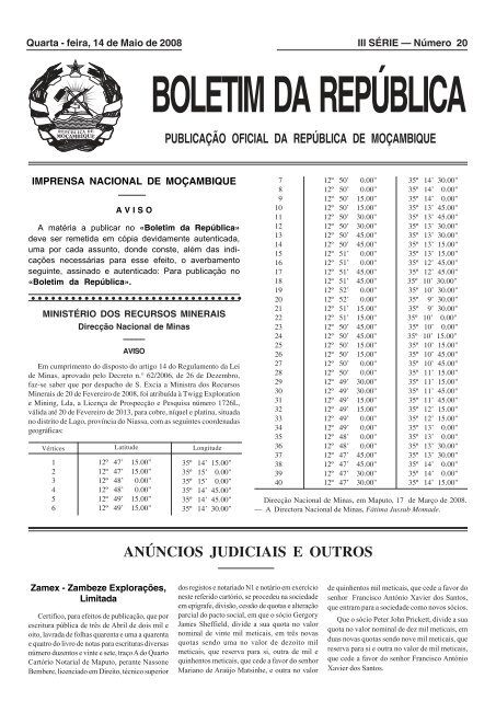 BR - N.º 20 III SÉRIE - 2008 - Portal do Governo de Moçambique