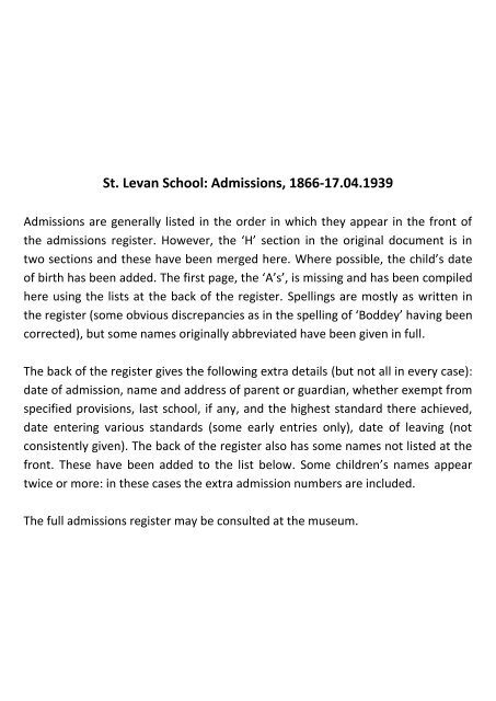 St Levan School admissions register - Porthcurno Telegraph Museum