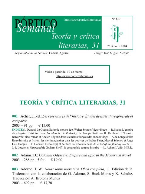 Portico Semanal 617 - Teoria y critica literarias 31 - Pórtico librerías