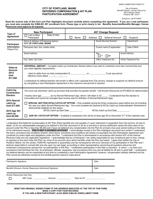 457 Deferral Form & Plan Highlights - City of Portland