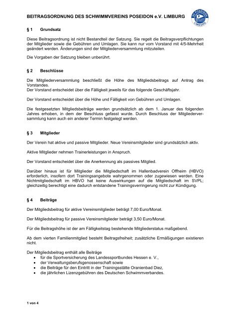 BEITRAGSORDNUNG DES SCHWIMMVEREINS POSEIDON e.V. ...