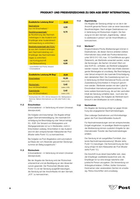 Produkt- und Preisverzeichnis zu AGB Brief International Plus