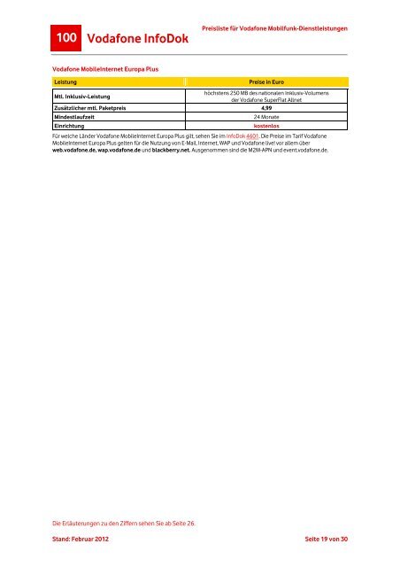 InfoDok 100: Preisliste fÃ¼r Vodafone Mobilfunk-Dienstleistungen