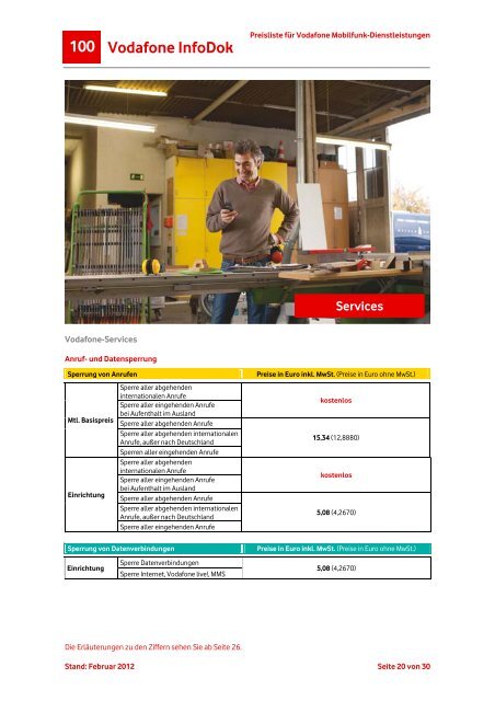 InfoDok 100: Preisliste fÃ¼r Vodafone Mobilfunk-Dienstleistungen