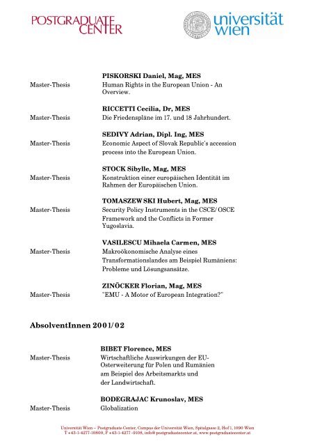 MES AbsolventInnen 2000-2013 - Postgraduate Center