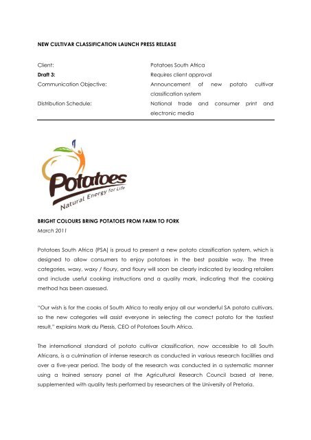 new cultivar classification launch press release - Potatoes South Africa