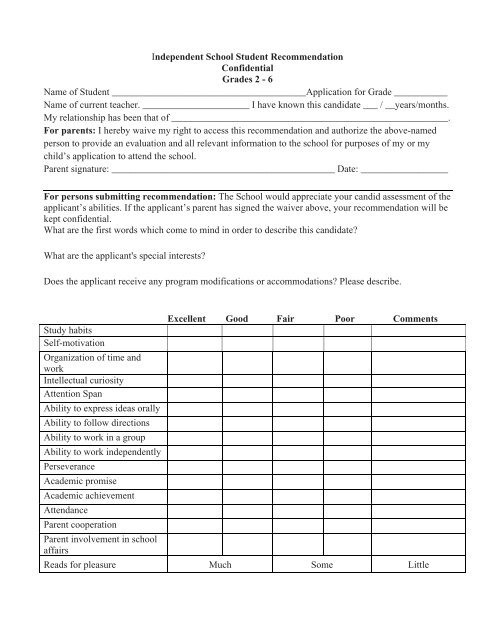 Grade 2 - 6 Recommendation Form 2014-15 - Potomac School