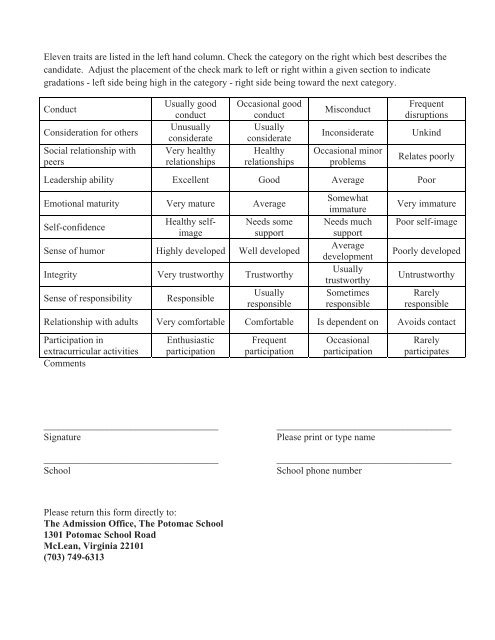 Grade 2 - 6 Recommendation Form 2014-15 - Potomac School