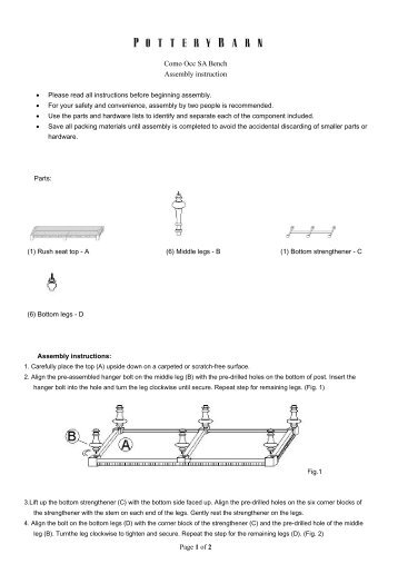 Como Occ SA Bench Assembly instruction - Pottery Barn