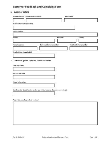 Customer Feedback and Complaint Form - Power Plate