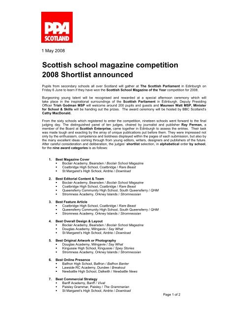 Scottish school magazine competition 2008 Shortlist announced