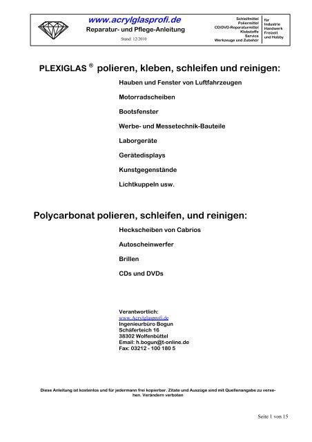 Polycarbonat polieren, schleifen, und reinigen - acrylglasprofi.de