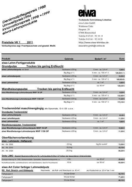Preisliste Vk 1 2011 Eiwa Lehm Fertigprodukte Eiwa