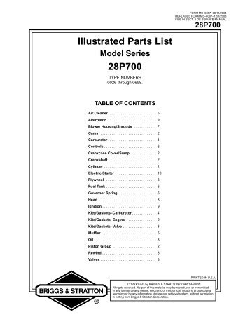 illustrated parts list 28q700 briggs and stratton engine parts
