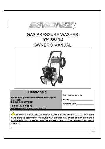 gas pressure washer 039-8583-4 owner's manual - Simoniz