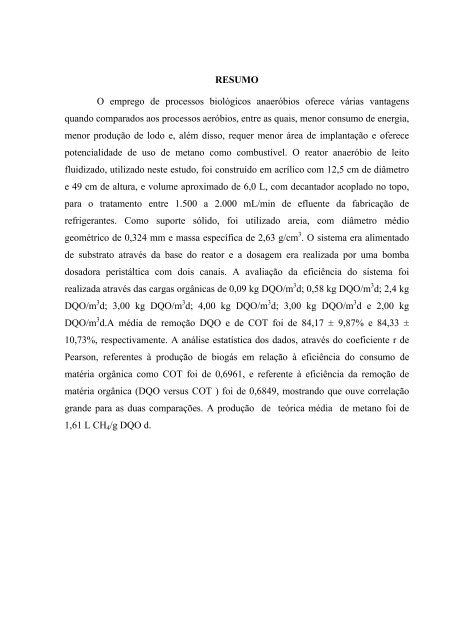 AvaliaÃ§Ã£o da EficiÃªncia de um Reator AnaerÃ³bio de Leito Fluidizado ...