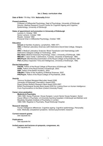 Ian J. Deary: curriculum vitae Date of Birth - School of Philosophy ...