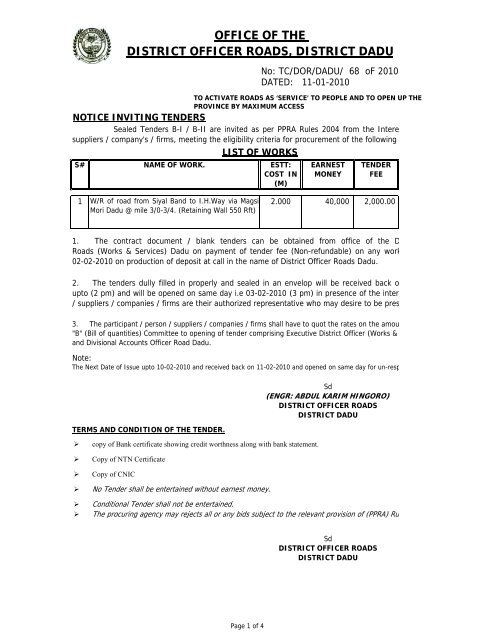 office of the district officer roads, district dadu - A (www.pprasindh ...