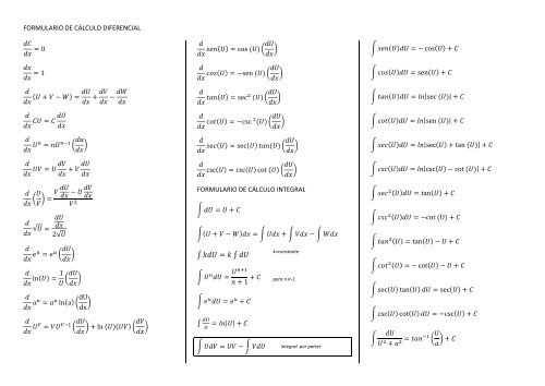 FORMULARIO DE CÁLCULO DIFERENCIAL FORMULARIO DE CÁLCULO INTEGRAL