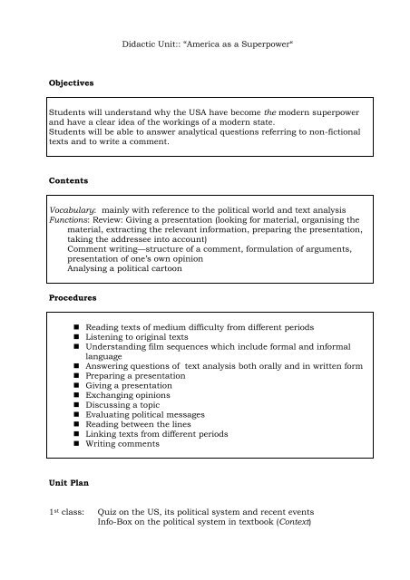 America as a Superpower--Unit Plan - Praktikum macht Schule