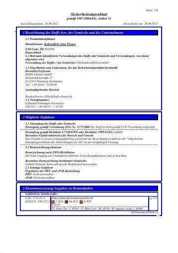 Sicherheitsdatenblatt fÃ¼r die Kohrsolin extra Tissues - Praxisdienst